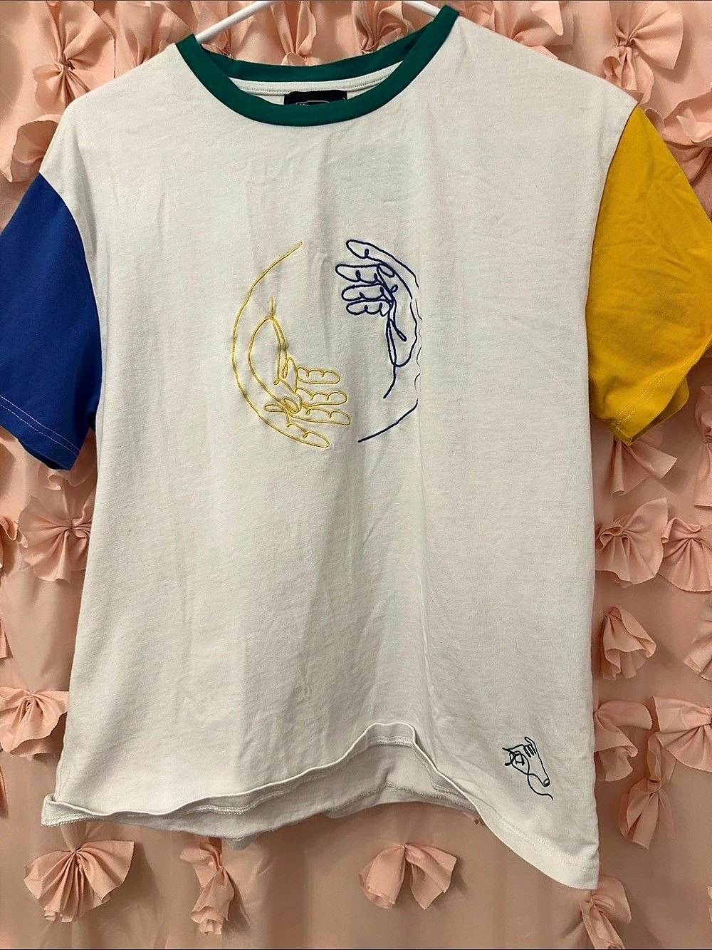 Steady Hands Color Block Embroidered Tee White & Yellow Small